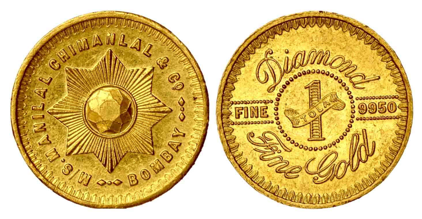 Tola Token, Gold, 11.67 g, 995 Fine, Manilal Chimanlal & Co., Bombay. UNC.