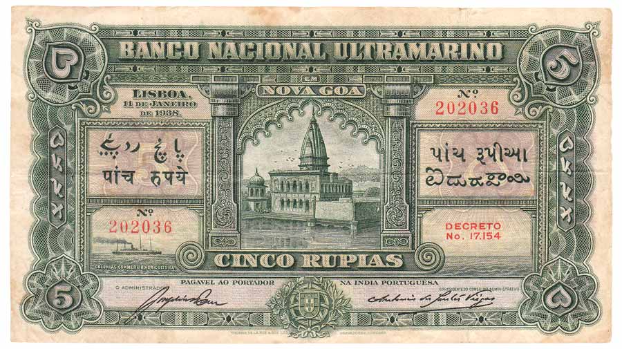 Indo-Portuguese, Rs. 5, Banco Nacional Ultramarino, 5th issue of 1938 (Jhun# type 24). Som