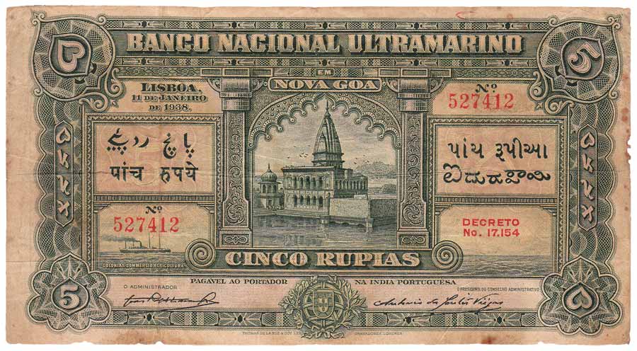 Indo-Portuguese, Rs. 5, Banco Nacional Ultramarino, 5th issue of 1938 (Jhun# type 24). Som