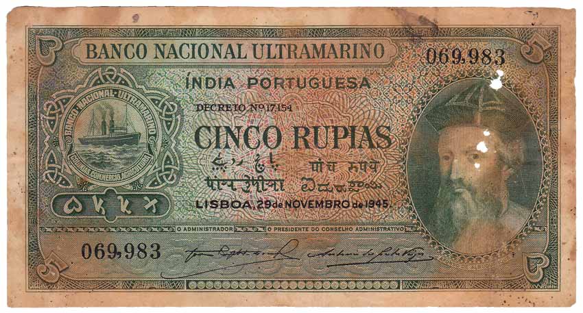 Indo-Portuguese, Rs. 5, Banco Nacional Ultramarino, 6th issue of 1945 (Jhun# type 29). Som