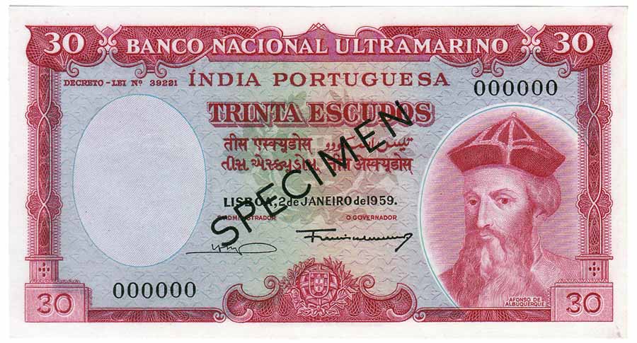 Indo-Portuguese, 30 Escudos, Specimen, Banco Nacional Ultramarino, 7th issue of 1959 (Jhun
