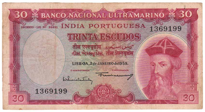 Indo-Portuguese, 30 Escudos, Banco Nacional Ultramarino, 7th issue of 1959 (Jhun# type 35)