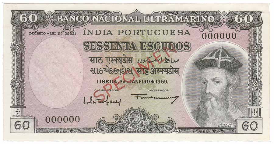 Indo-Portuguese, 60 Escudos, Specimen, Banco Nacional Ultramarino, 7th issue of 1959 (Jhun