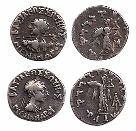 Indo-Greeks, Menander I, Silver (2), Drachm, diademed bust to right and bust to left wield