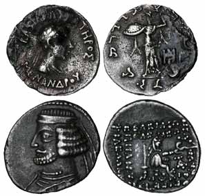 Indo-Greeks, Menander I, Silver (3), Drachm, diademed bust to right and bust to left wield