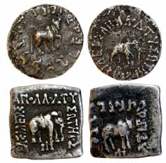 Indo-Greeks, Apollodotus I, Silver (2), square, elephant to right on obv, bull to right on