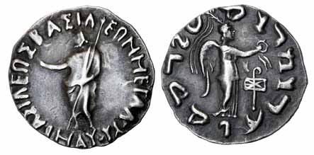 Indo-Parthians, Mauses, Silver, 9.68 g, Tetradrachm, God Zeus standing to left on obv, god