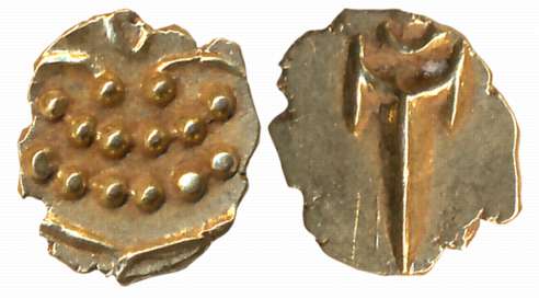 Venkoji, Gold Fanam, 0.37g, Obv: Stylised Lion with pellets, Rev: Dagger (K Ganesh# 10.1).