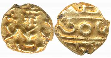 Krishna Raja Wodeyar, Kanthivaraha Gold Fanam 0.38g, Obv: Seated Narasimha, Rev. Kanarese 