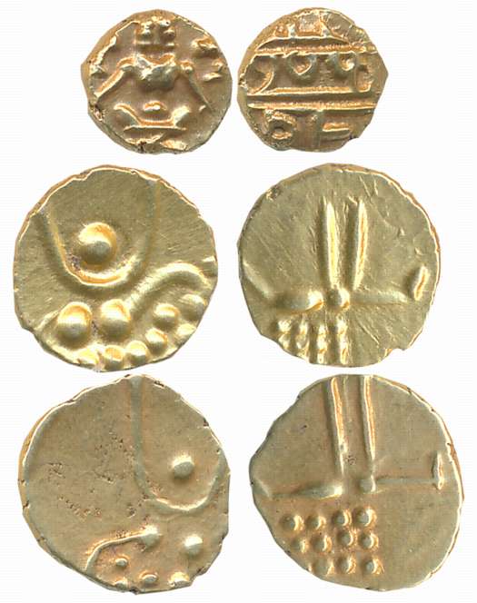 Gold Fanams (3), Mysore (1), Krishna Raja Wodeyar, Kanthivaraha, 0.40g, Obv: Seated Narasi
