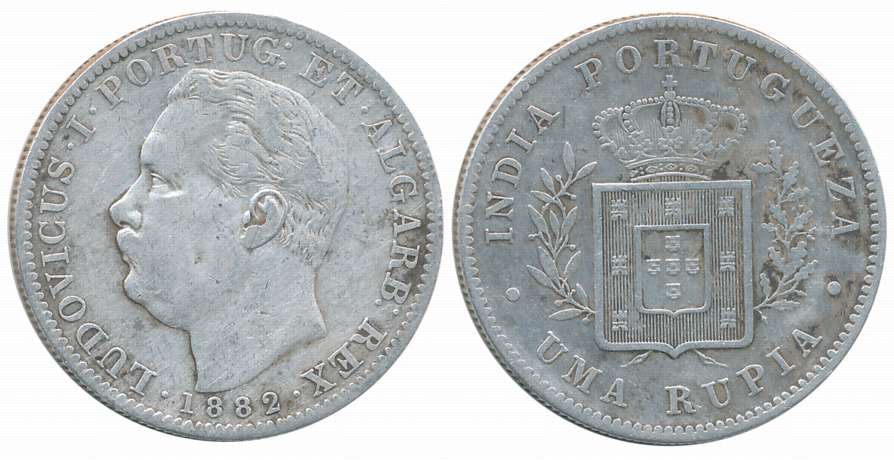 Luiz I, Silver Rupee- Uma Rupia, 1882, Obv: Bust to left, Rev: Crowned arms within sprays 