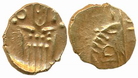 Gold Fanam, 0.36g, Obv: Crude form of Goddess Kali, Rev: Legend. Very fine.