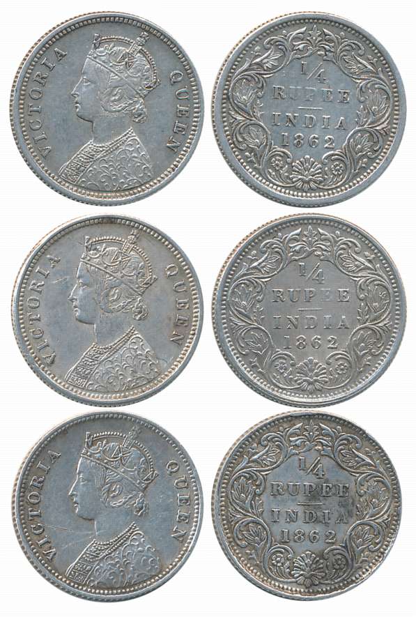 Victoria Queen, Silver 1/4 Rupees (3), 1862. About extremely fine. 3 coins.