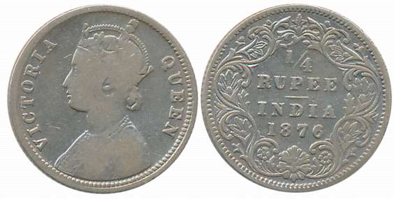 Victoria Queen, Silver 1/4 Rupee, 1876. Very fine.