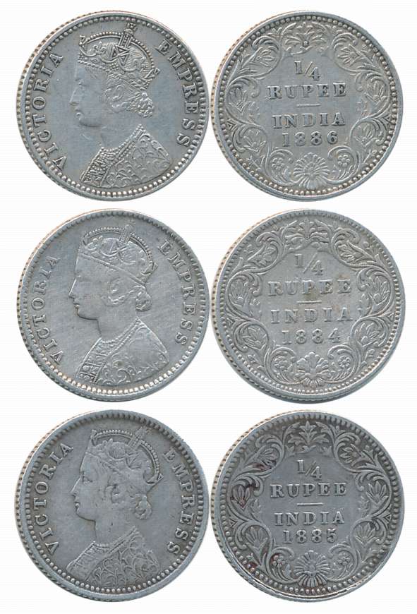 Victoria Empress, Silver 1/4 Rupees (3), 1884, 1885, 1886. Very fine to very fine+. 3 coin