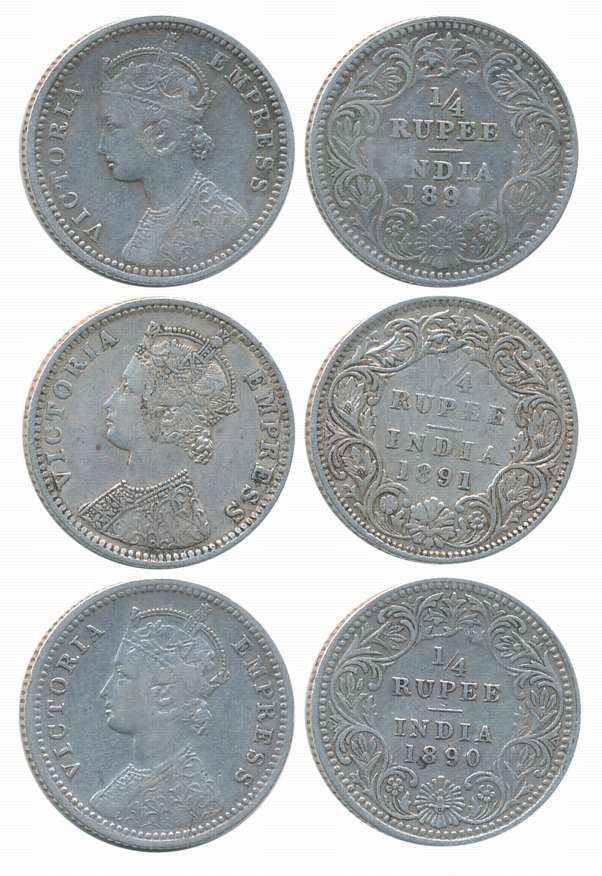 Victoria Empress, Silver 1/4 Rupees (3), 1890,1891,1893. Very fine to very fine+. 3 coins.