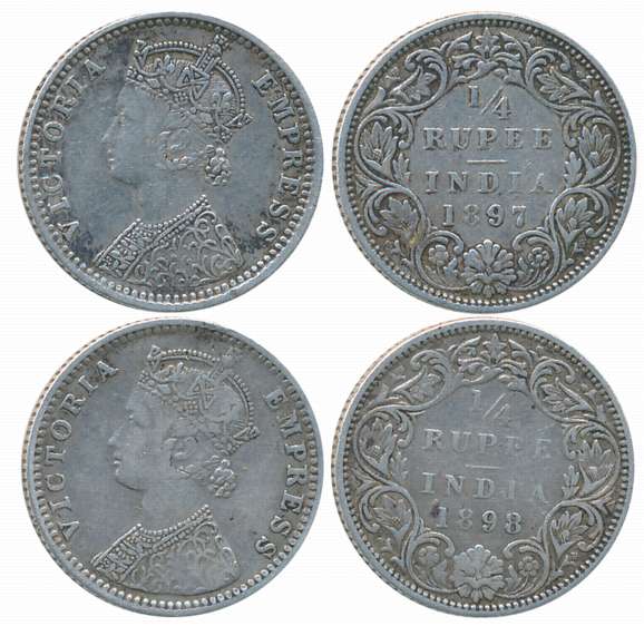 Victoria Empress, Silver 1/4 Rupees (2), 1897, 1898. Very fine to very fine+. 2 coins.