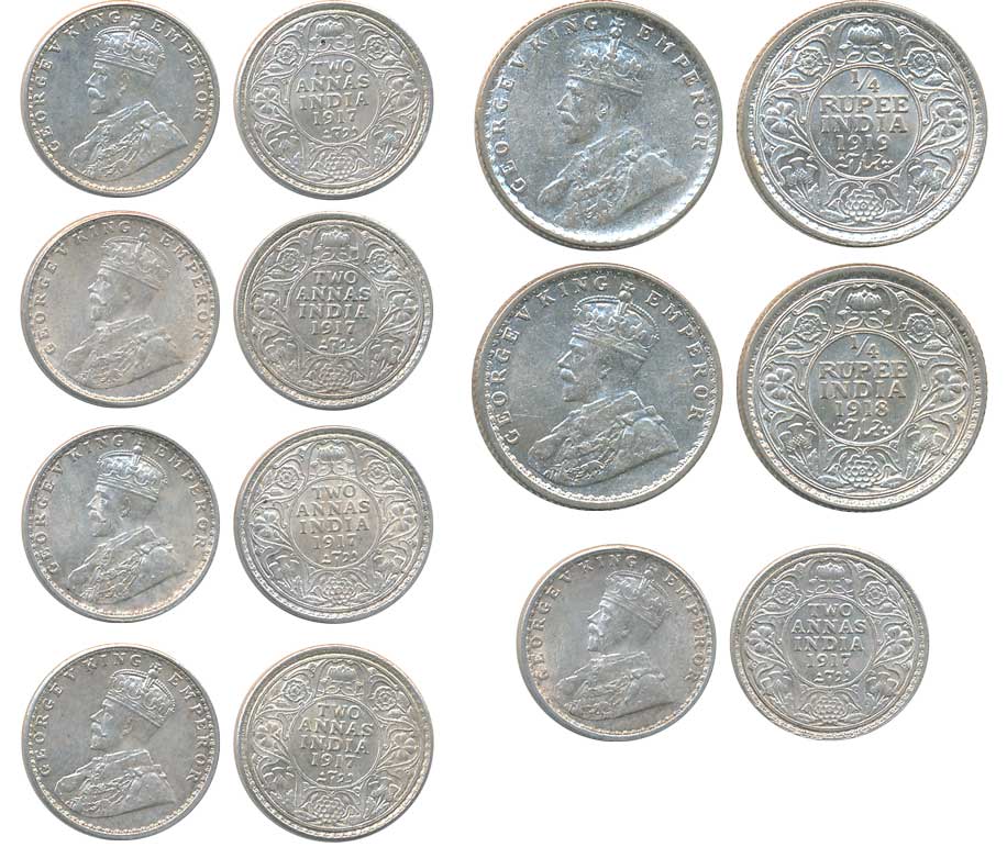 George V, Silver (7), 1/4 Rupees (2), 1918, 1919, 1/8 Rupees (5), 1917. About uncirculated