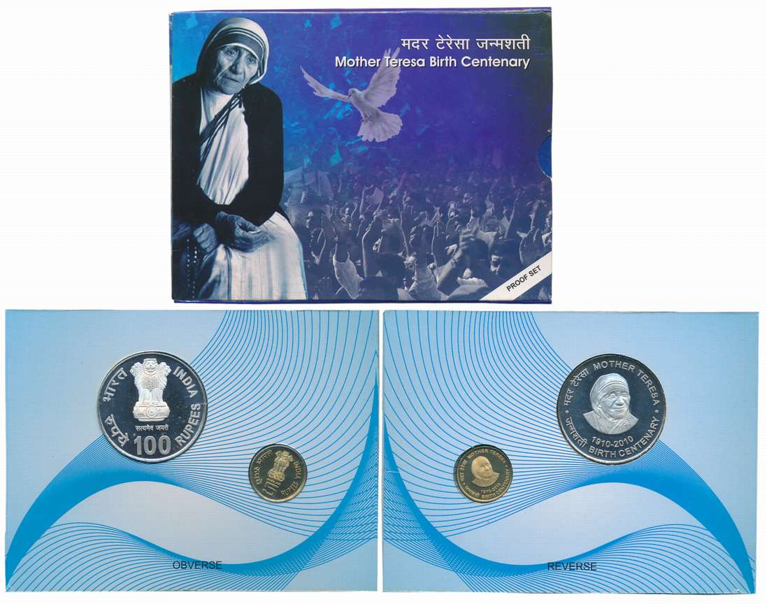 2010, Proof set of 2, Rupees 100 & 5, Mother Teresa birth Centenary, Kolkata Mint. In blis
