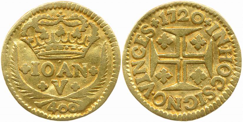 Brazil, Joao VI, Gold, 400 Reis, 0.94g, 1720, Lisbon Mint, Obv: Legend, denomination, Crow