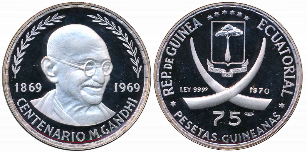 Equatorial Guinea, Proof, Silver 75 Pesetas Guineanas, 14.90g, 1969, Mahatma Gandhi, “100t
