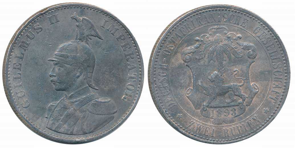 German East Africa, Wilhelm II, Silver Double Rupee, 23.23g, 1893, Obv: Portrait Wilhelm I