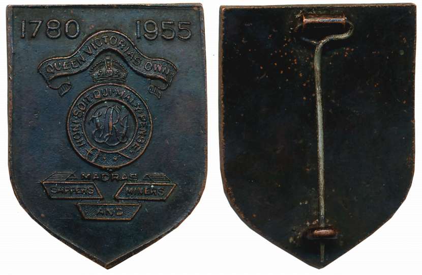 Army Badge, Copper, Madras Sappers and Miners 1780 to 1955. Very fine.