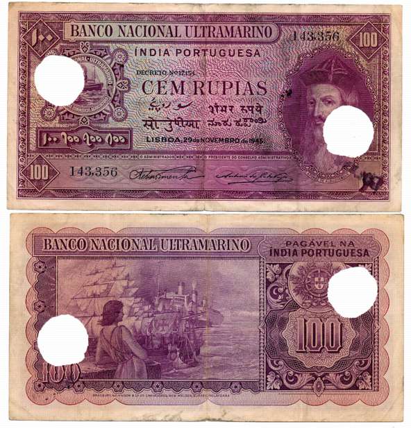 Goa, 100 Rupias, Type 12.33, Signed P-2 A-8, Two cancellation hole (R IMP# 12.33.7). Very 