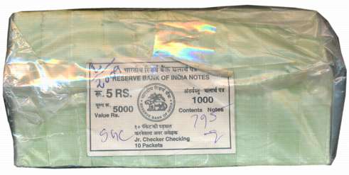 Rupees 5, Complete Rim of 10 Uncirculated Pack of 100, “C-41”, Signed by D Subbarao, Inset