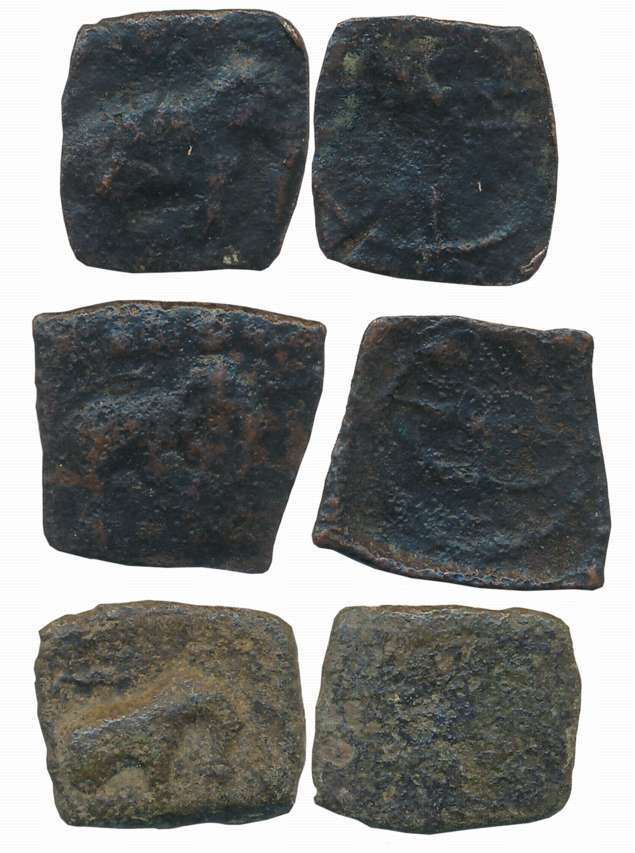Sangam Cheras, Copper (3), 1.98g, 2.06g, 3.81g, Obv: Elephant facing to right symbols abov