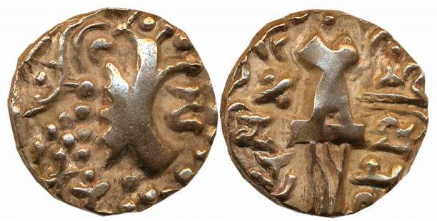Post Kidarites, Vinayaditya, Debased Gold Dinar, 7.49g, Obv: Crude Kushan style king stand