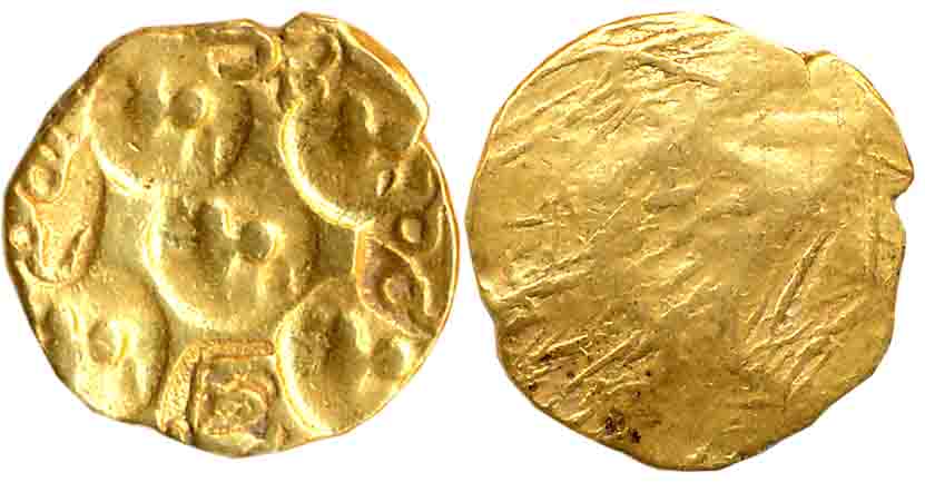 Chalukyas of Kalyani, Gold Punch Marked Gadyana, 3.86g, Uniface, 8 Punches type, with cent