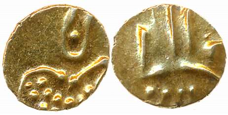 Hoysalas of Dwarasamudra, Anonymous Gold Fanam, 0.38g, Obv: Lion to right crescent above, 