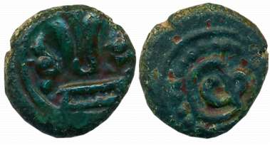 Nayakas of Tanjore, Copper, 2.43g, Obv: Vaishnavita symbol in center, Tortoise on both sid