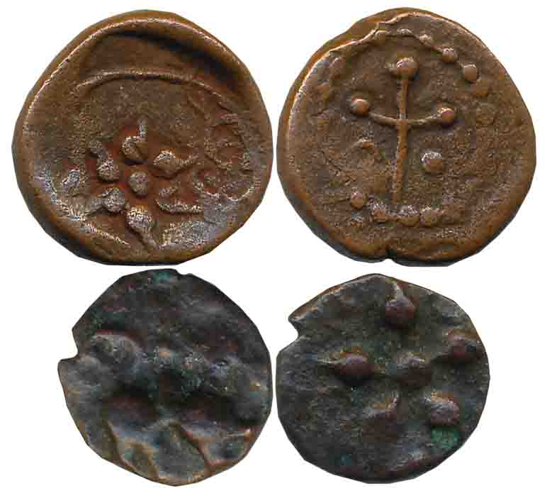 South India, Palani rulers, Anonymous, Copper (2), 2.85g, 1.28g, Obv: Sword below, Sun and