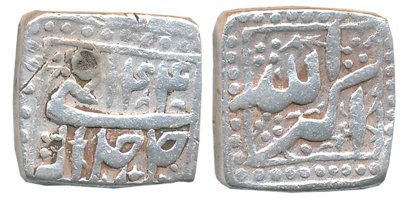 Akbar, Silver Square 1/2 Rupee, 5.64g, “Jalalahu” type, Ilahi Year 44 (KM# 64.1). Very fin