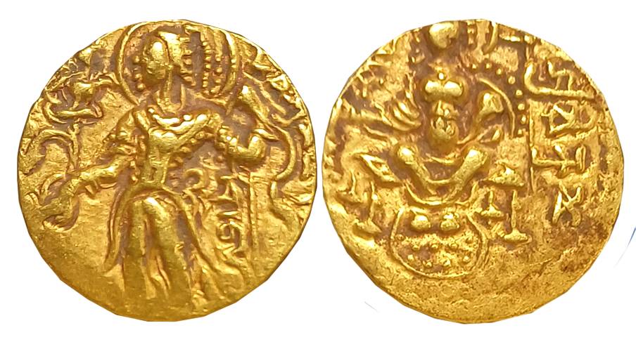 Guptas, Chandra Gupta I, Gold Dinar, 7.83g, “Archer- Goddess on Throne” type, Obv: King Ni