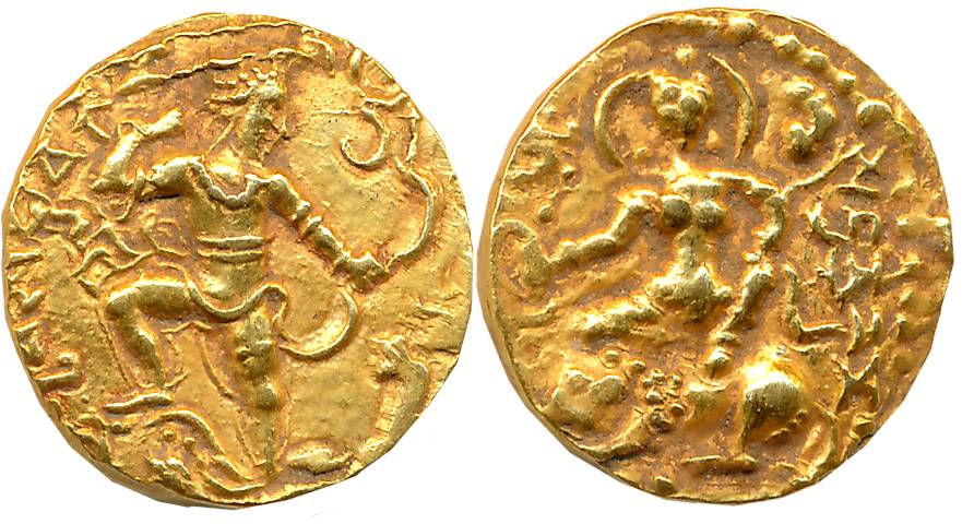 Guptas, Chandra Gupta II, Gold Dinar, 7.70g, “Lion-Slayer” type, Obv: The king facing righ