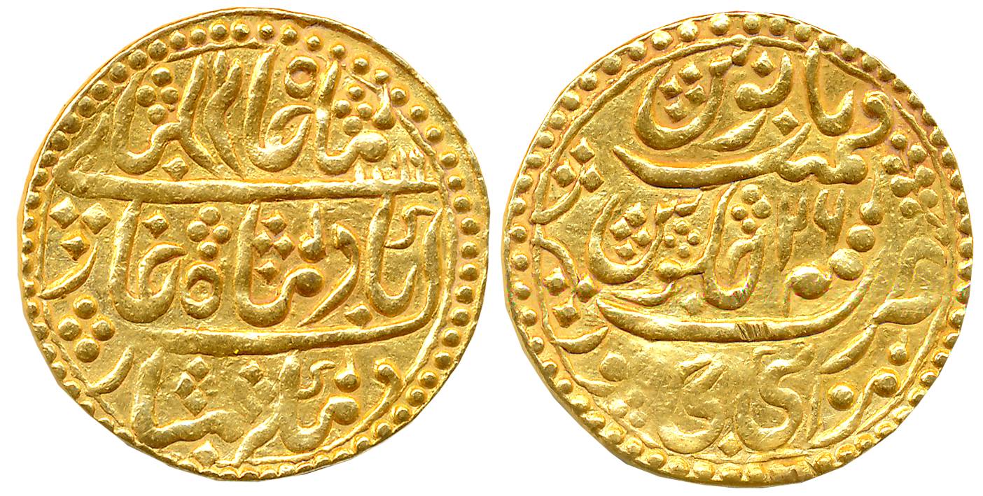 Manak Pal, Gold Nazarana Mohur, 10.70g, AH 1199/ RY 26, Pseudo Mint name Sawai Jaipur but 