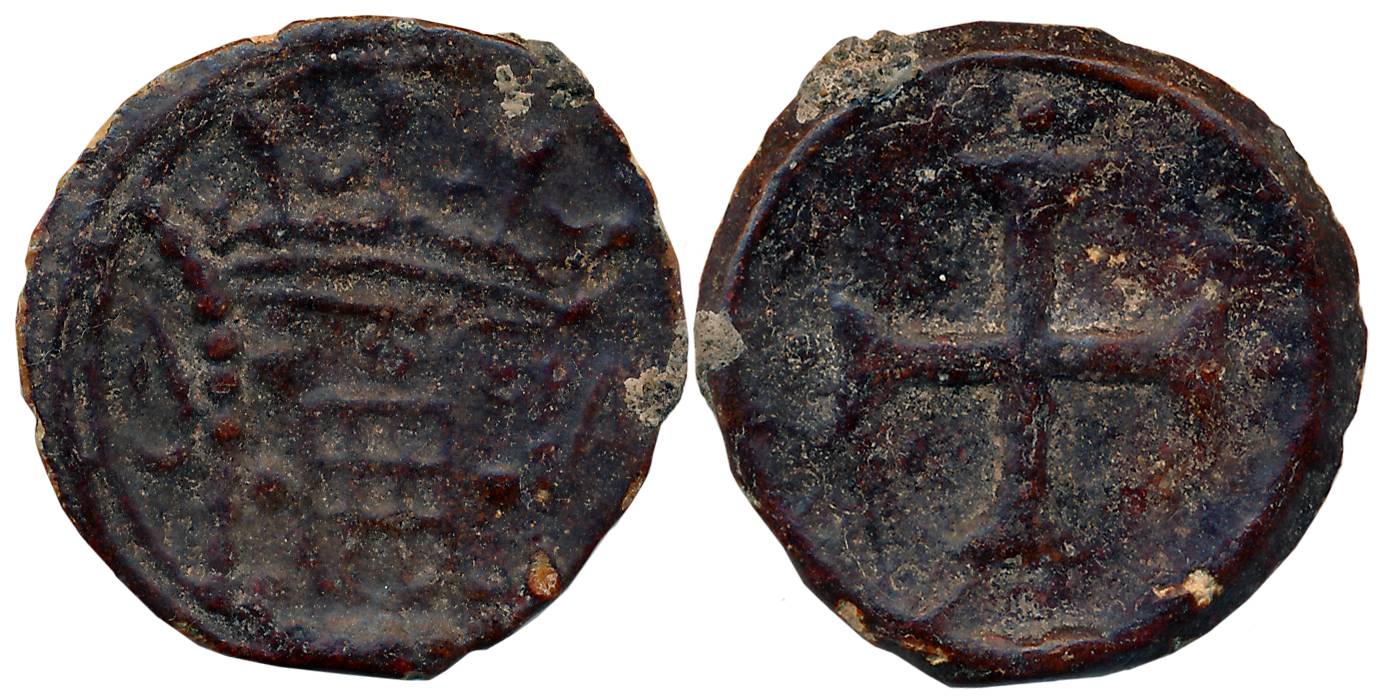 D. Jose, Tin, 5 Bazarucos, 6.09g, Obv: Crowned arms, Rev: Cross (Gomes# 03.01). Patinated,