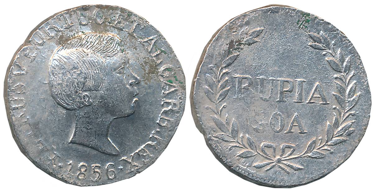 Goa, D. Pedro V, Silver Rupia, 10.84g, 1856, Obv: Bust to right, legend around, Rev: Value