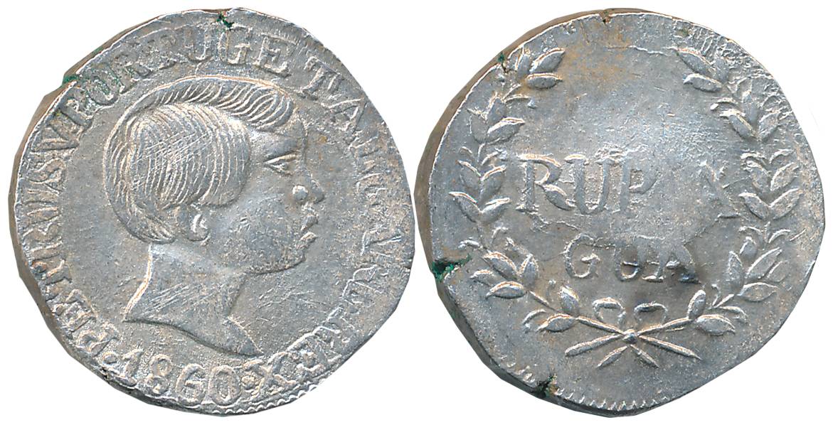Goa, D. Pedro V, Silver Rupia, 10.89g, 1860, Obv: Bust to right, legend around, Rev: Value