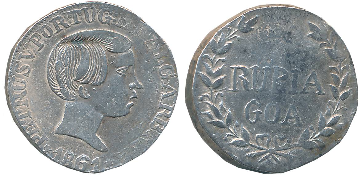 Goa, D. Pedro V, Silver Rupia, 11.06g, 1861, Obv: Bust to right, legend around, Rev: Value