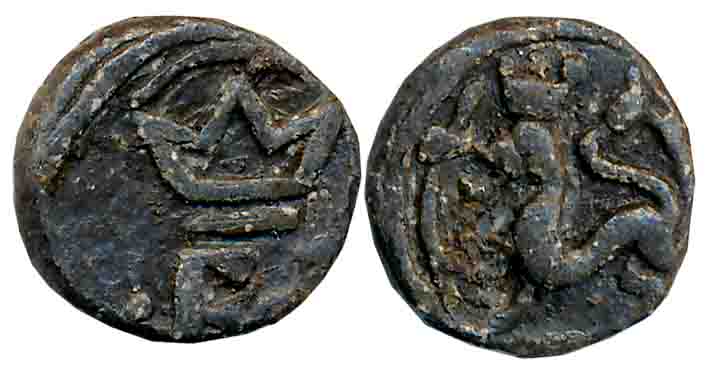 Frederik III, Lead Cash, 2.70g, Obv: Crowned F3 monogram. Rev: Crowned Norse lion facing t