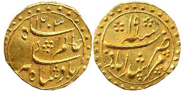 Murshidabad, Gold 1/8 Mohur, 1.54g, in the name of Shah Alam II, Calcutta Mint, AH 1203/19