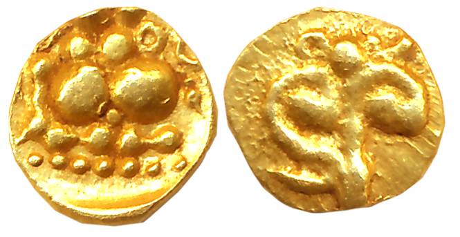 Nolambas of Nolambavadi, Anonymous, Gold Fanam, 0.34g, Obv: Caparisoned Nandi seated couch