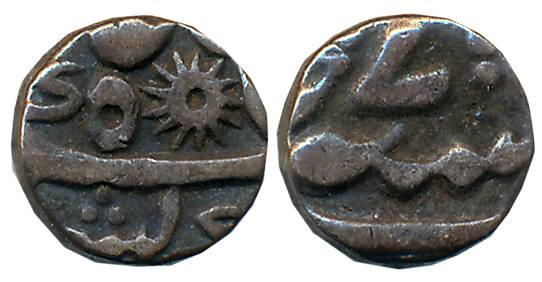 Murshidabad, Silver 1/8 Rupee, 1.39g, in the name of Shah Alam II, RY 7 (P. Steven# 2.99).