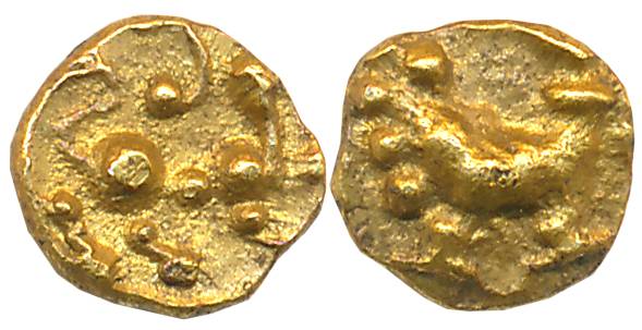 Kadambas of Hangal, Gold Fanam, 0.38g, Obv: Lion walking to right facing back, Rev: Peacoc