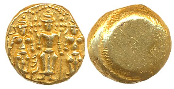 Gold 3 Swami Pagoda, 3.12g, Obv: Lord Tirupati Balaji in the centre with his consorts Shri