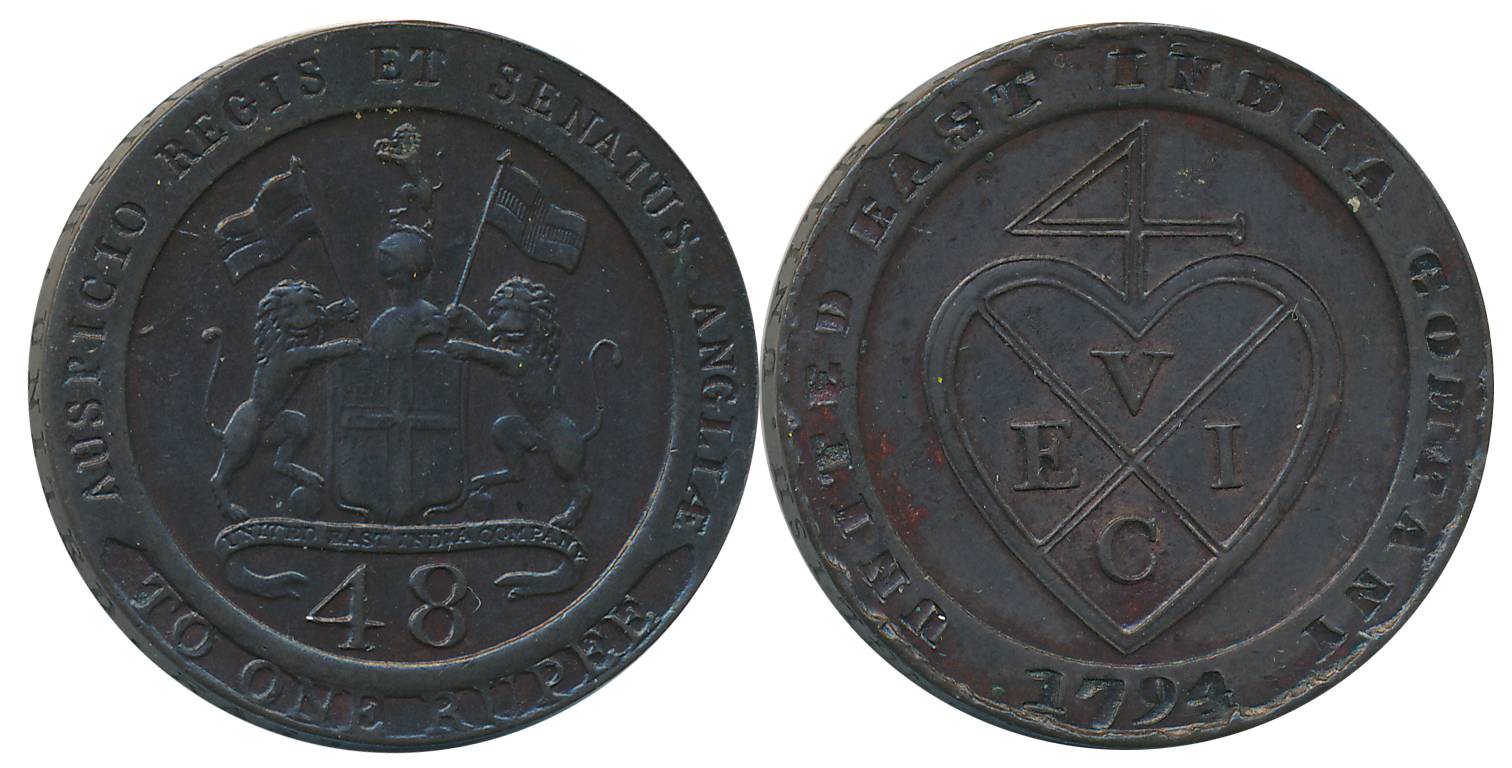 Copper 1/48 Rupee, 13.50g, 1794, Soho Mint, Obv: Arms of E.I.Co, Rev: Bale mark & date (KM